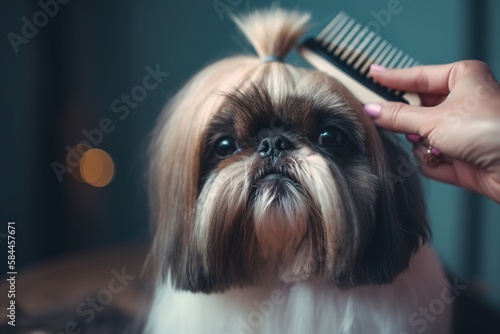 Beautiful shih-tzu dog at the groomer's hands with comb. Generative AI.