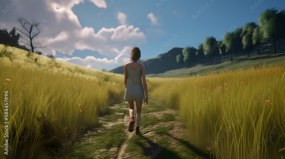 The girl is walking on the grass. Generative AI