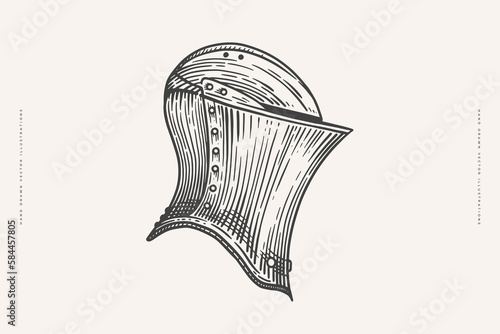 Helmet of an equestrian knight in an engraving style on a light isolated background. Armor of the medieval warrior. Vintage vector illustration.