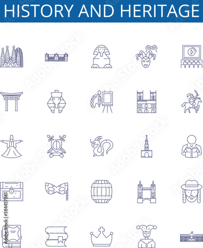 History and heritage line icons signs set. Design collection of Heritage, History, Culture, Ancestry, Tradition, Legacy, Memory, Ancestors outline concept vector illustrations