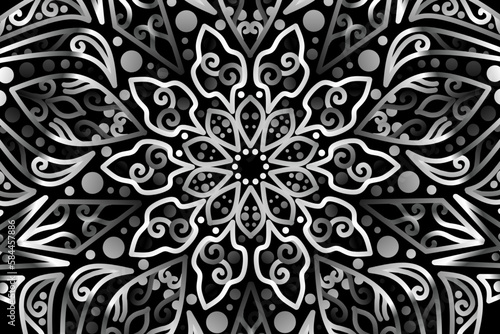 Beautiful caleidoscope symmetrical Black and white gradient flowers line art of traditional background batik dayak ornament design template elements
