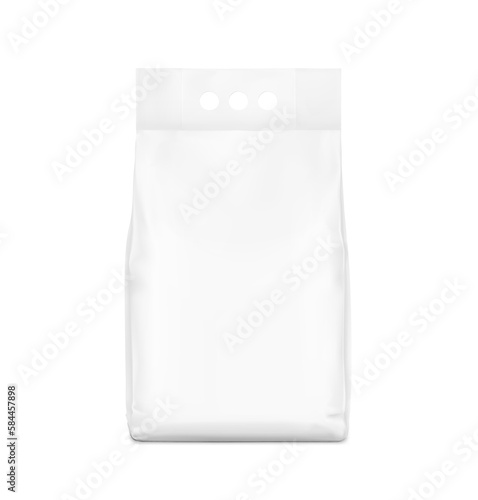 Packaging bag with a finger handle mockup. Vector illustration isolated on white background. Perfect for presentation laundry, tissue, diapers, nappies, wipes, food, washing and etc. EPS10.	