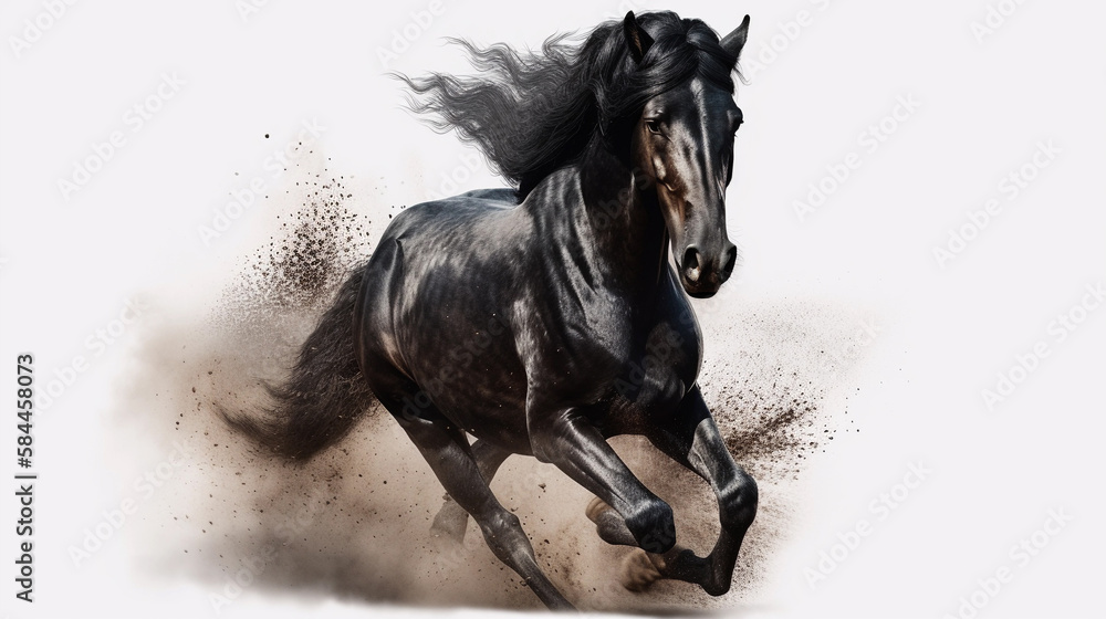 Black horse with long mane runs gallop in dust on white background. Created with Generative AI technology. Black horse with long mane runs gallop in dust on white background. Created with Generative AI technology.