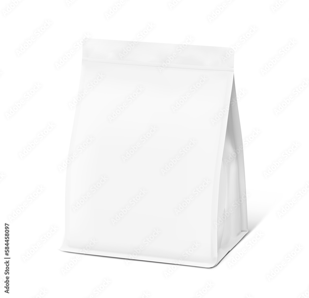 Quad seal bag mockup. Half side view. Vector illustration isolated on white background. Great way for presentation your brand, design, promo and etc. EPS10. Quad seal bag mockup. Half side view. Vector illustration isolated on white background. Great way for presentation your brand, design, promo and etc. EPS10.