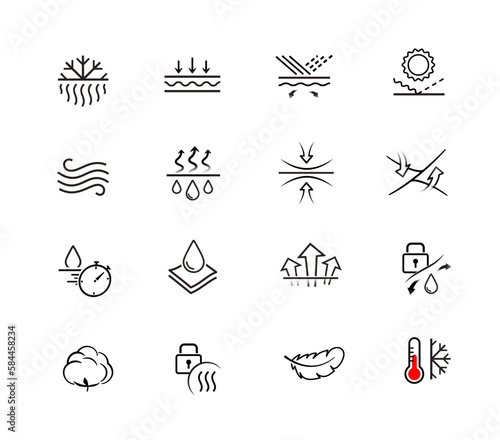 Set of icons for protective material. Vector illustration on white background. Ideal for outerwear, jackets, women's pads, baby diapers, wipes, napkins, etc. EPS10.	