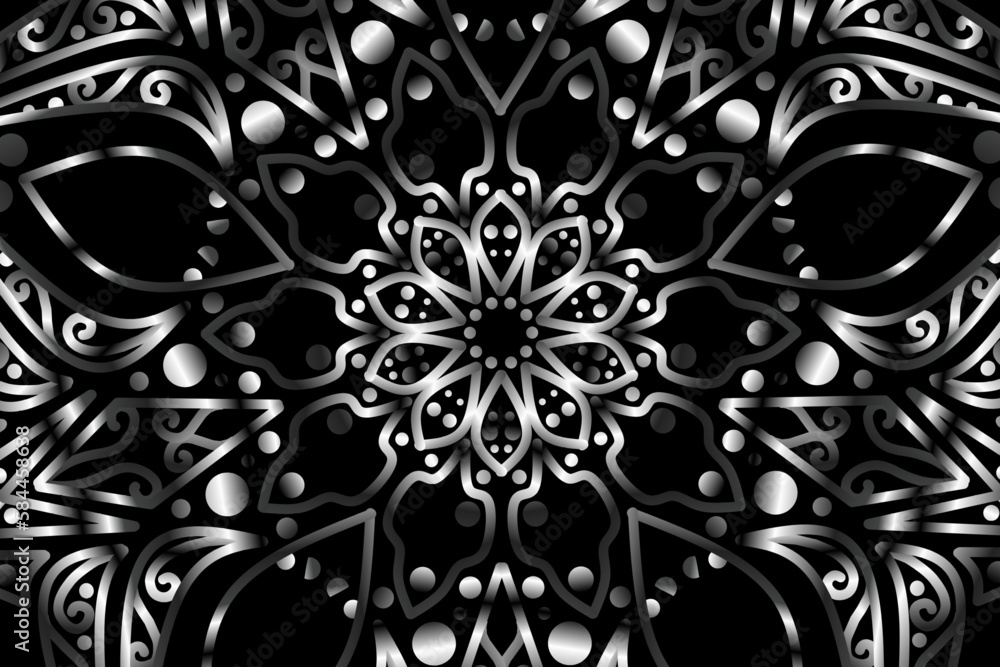 Beautiful caleidoscope symmetrical Black and white gradient flowers line art of traditional background batik dayak ornament design template elements
