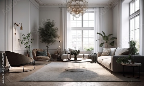 Stylish living room interior of modern apartment and trendy furniture, plants and elegant accessories. Home decor, generative AI
