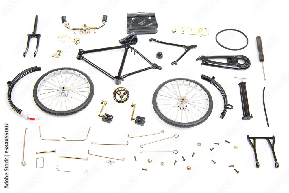 prefabricated parts of a bicycle model on a white background Stock