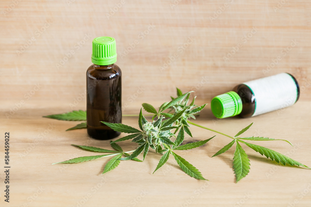 CBD Oil Medical Marijuana in bottle with white blank label. Products of Cannabis Oil Extract with empty space for logo. Cannabinoid THC for treatment with place for copy space. CBD Oil Medical Marijuana in bottle with white blank label. Products of Cannabis Oil Extract with empty space for logo. Cannabinoid THC for treatment with place for copy space.