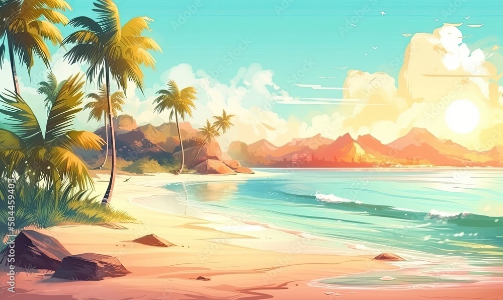 Beach scene with a palm tree and the sun, generative AI