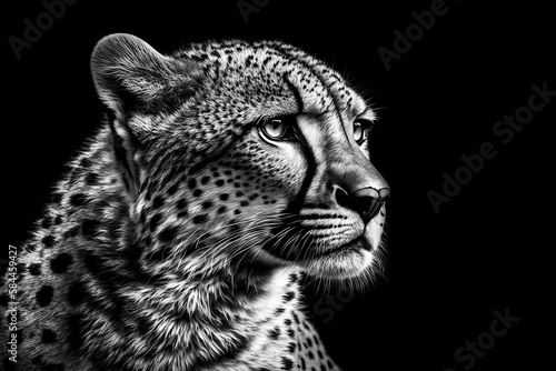 Detail cheetah on black background. Detail cheetah. Feline on the black. Very fast feline. fastest undomestic cat. photo