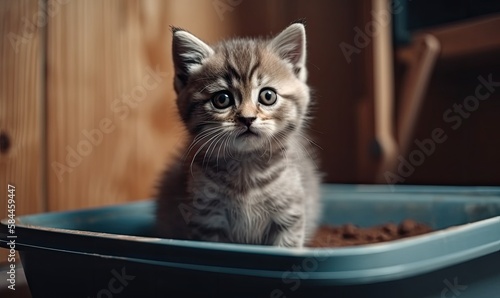 The kitten sits in the litter box. Scottish kitten pees in her litter box, generative AI © Enigma