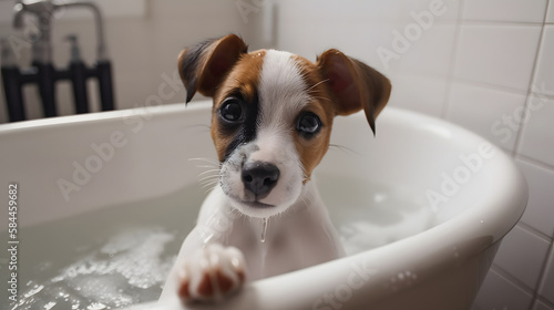 Сute fluffy bobtail puppy takes a bath filled with foam, a kawaii dog with fluffy fur sits in a bathtub. looking at the camera, cute pet, pet washing,