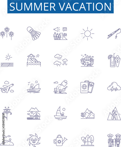 Summer vacation line icons signs set. Design collection of Holiday, Vacation, Sun, Beach, Fun, Heat, BBQ, Travel outline concept vector illustrations