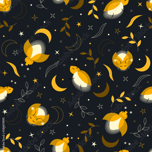 Seamless pattern with cute cartoon fireflies character, moon, stars and leaves. Summer night nature vector illustration. Orange, yellow and brown colors.