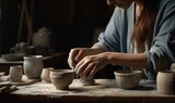A woman works on a pottery wheel in a workshop, generative AI