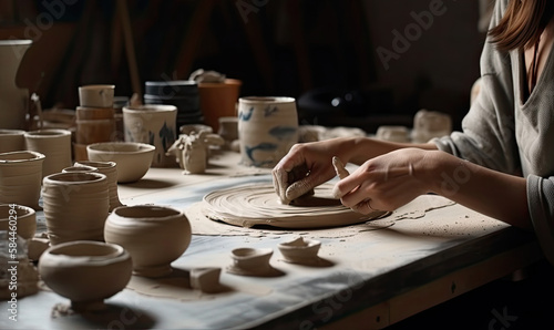 A woman works on a pottery wheel in a workshop, generative AI