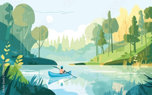 Person kayaking in a peaceful river, surrounded by lush greenery and the sounds of nature. Flat vector summer watersport illustration concept. Gadget-free vacation. Generative AI