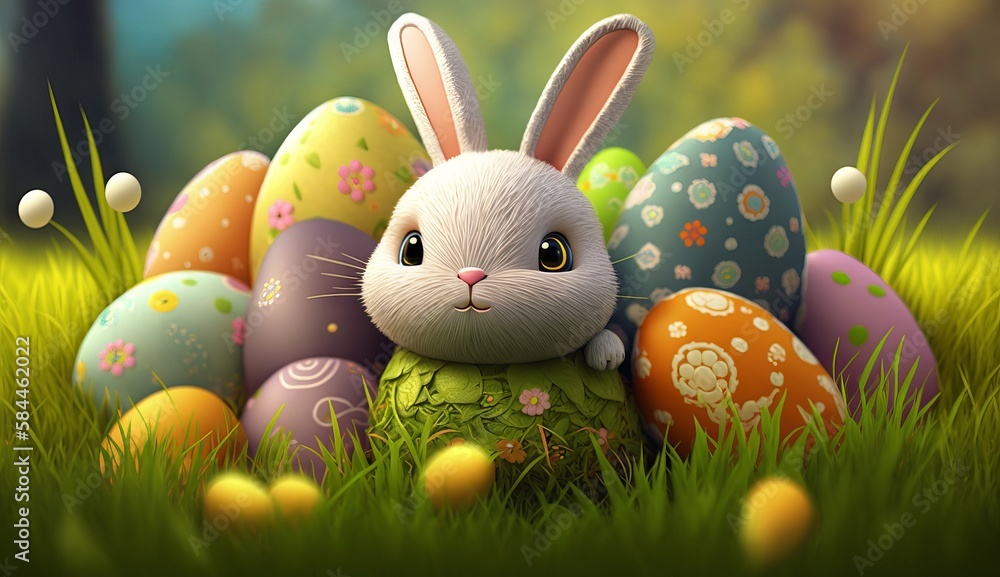 Cute happy bunny with many easter eggs on grass festive background for decorative design