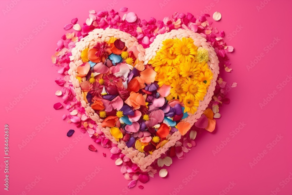 A heart wrapped in colorful flower and petals on pink background, Generative AI A heart wrapped in colorful flower and petals on pink background, Generative AI