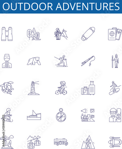 Outdoor adventures line icons signs set. Design collection of Trekking, Hiking, Camping, Kayaking, Canoeing, Rock Climbing, Mountain Biking, Abseiling outline concept vector illustrations