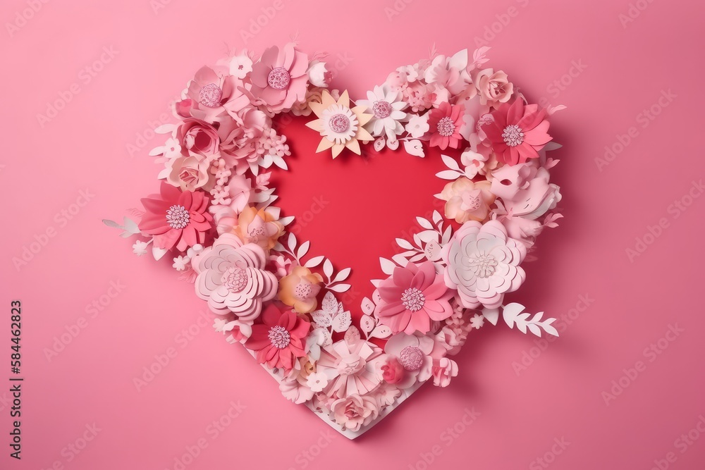 Heart - shaped frame surrounded by flowers on pink surface, handmade papercraft, Generative AI Heart - shaped frame surrounded by flowers on pink surface, handmade papercraft, Generative AI