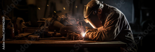 Welder at work, wearing a protective mask and gloves, in a dimly lit workshop, illuminated by bright sparks that fly as the welder works his magic. Hard work and dedication concept. Generative AI photo