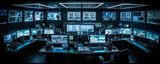 Modern futuristic control center with sleek metal surfaces and towering console surrounded by a sea of glowing monitors - a hub of technological advancement. Generative AI