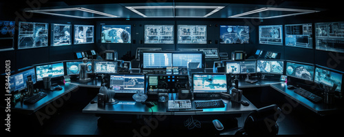 Modern futuristic control center with sleek metal surfaces and towering console surrounded by a sea of glowing monitors - a hub of technological advancement. Generative AI