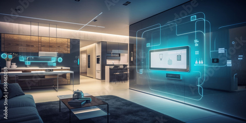 Showcasing Smart Technology for Energy Conservation in Homes and Businesses - Sleek Design, Central Smart Devices, and Real-Time Control for Sustainable Living. Generative AI