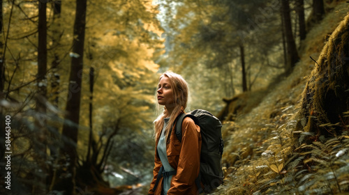  beautiful girl with a backpack curiously hiking in a natural forest, generative ai © Dieter Holstein