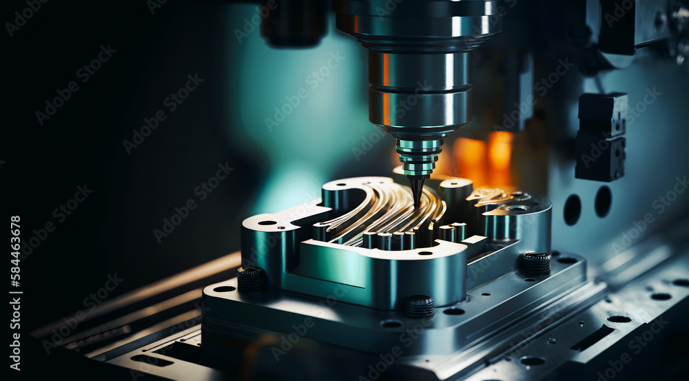 Metalworking CNC milling machine. Cutting metal modern processing technology. Small depth of field. Hi-technology machining concept Generative AI