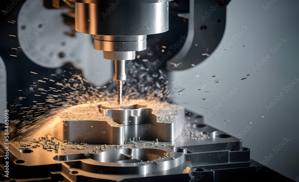 Metalworking CNC milling machine. Cutting metal modern processing technology. Small depth of field. Hi-technology machining Generative AI concept Metalworking CNC milling machine. Cutting metal modern processing technology. Small depth of field. Hi-technology machining Generative AI concept