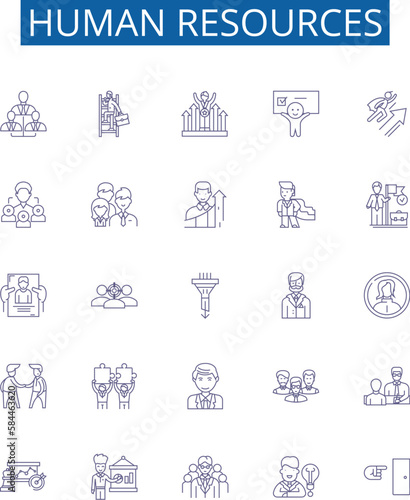 Human resources line icons signs set. Design collection of Personnel, Recruiting, Development, Hiring, Training, Employee, Retention, Benefits outline concept vector illustrations