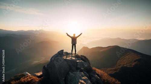A person standing on top of a hill with a beautiful view of the countryside at sunset  with hands raised  generative ai