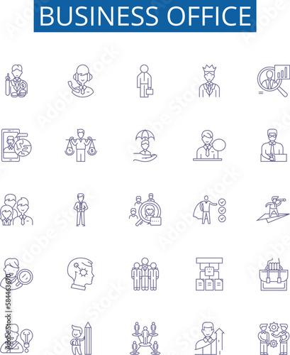 Business office line icons signs set. Design collection of Office, Business, Commercial, Desk, Furniture, Equipment, Files, Chairs outline concept vector illustrations