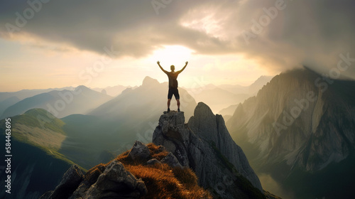 A silhouette with raised hands standing on the top of a mountain at sunrise with a beautiful mountain view , representing success, generative ai