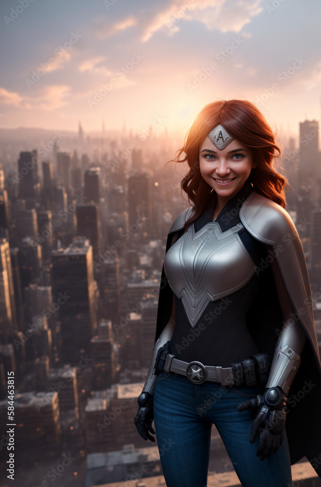A beautiful woman is a superhero against background of city at sunset. Generative AI.