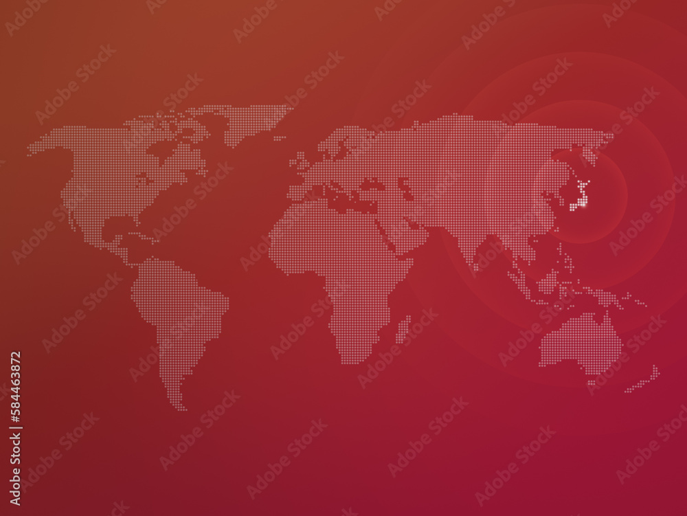 Dotted halftone world map with the country of Japan highlighted. Modern and clean world map on a red color gradient background. Dotted halftone world map with the country of Japan highlighted. Modern and clean world map on a red color gradient background.