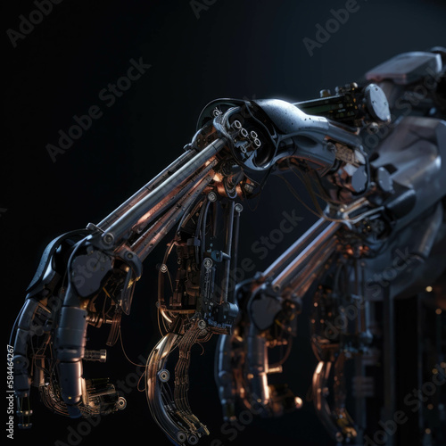 A robot arms metal and robotic parts illuminated against a dark backound while performing a series of intricate movements to emble . AI generation.