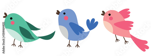 Cute and beautiful multi-coloured birds. Spring birds with beautiful beaks and red cheeks. Vector birds for postcards. Birds isolated on white background