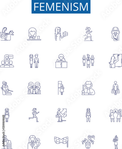 Femenism line icons signs set. Design collection of Feminism, Womanism, Equality, Liberation, Rights, Womxn, Empowerment, Autonomy outline concept vector illustrations