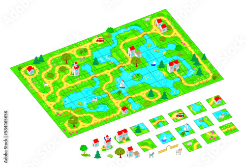 Set of 3d isometric tileset for creating video game with town and streets. Tiles with parts of roads and buildings for making platform map. Flat vector cartoon image for puzzle background.