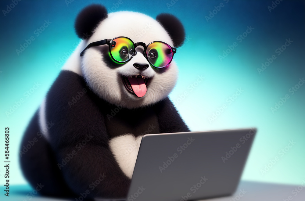 Charming panda in glasses with open mouth sitting at laptop. Generative AI.