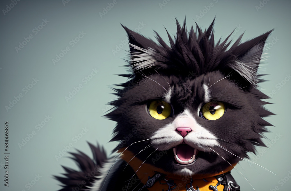 Fluffy cat with open mouth. Puss with disheveled fur yelling. Generative AI.