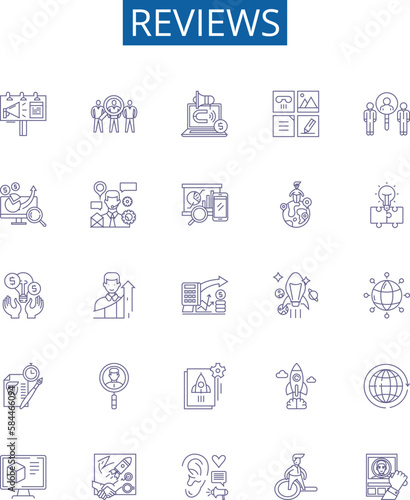 Reviews line icons signs set. Design collection of Reviews, Comment, Feedback, Analysis, Evaluate, Judge, Perception, Appraise outline concept vector illustrations