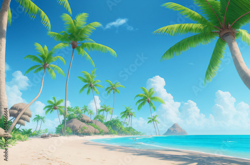 Tropical landscape. Tropical island in sunny weather. Palm trees  ocean  sandy beach. Generative AI.