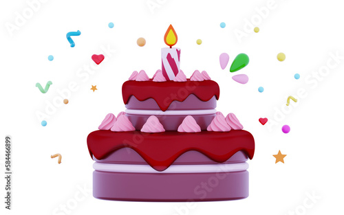 3D Multi layered chocolate cake Birthday cake one burning candle anniversary celebration Sweet icing delicious treat festive holiday gift congrats 3d icon rendering illustration