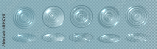 Ripple circle on blue water. Realistic waves of liquid product, splash from falling drops, round radial ripples on sea concentric surface texture.