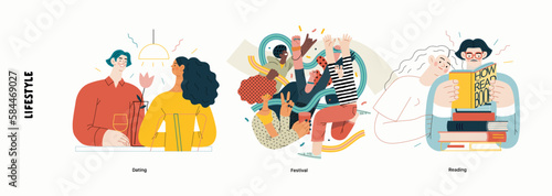 Lifestyle series - modern flat vector illustration of Dating, Musical festival, Reading books. People activities methapors and hobbies concept